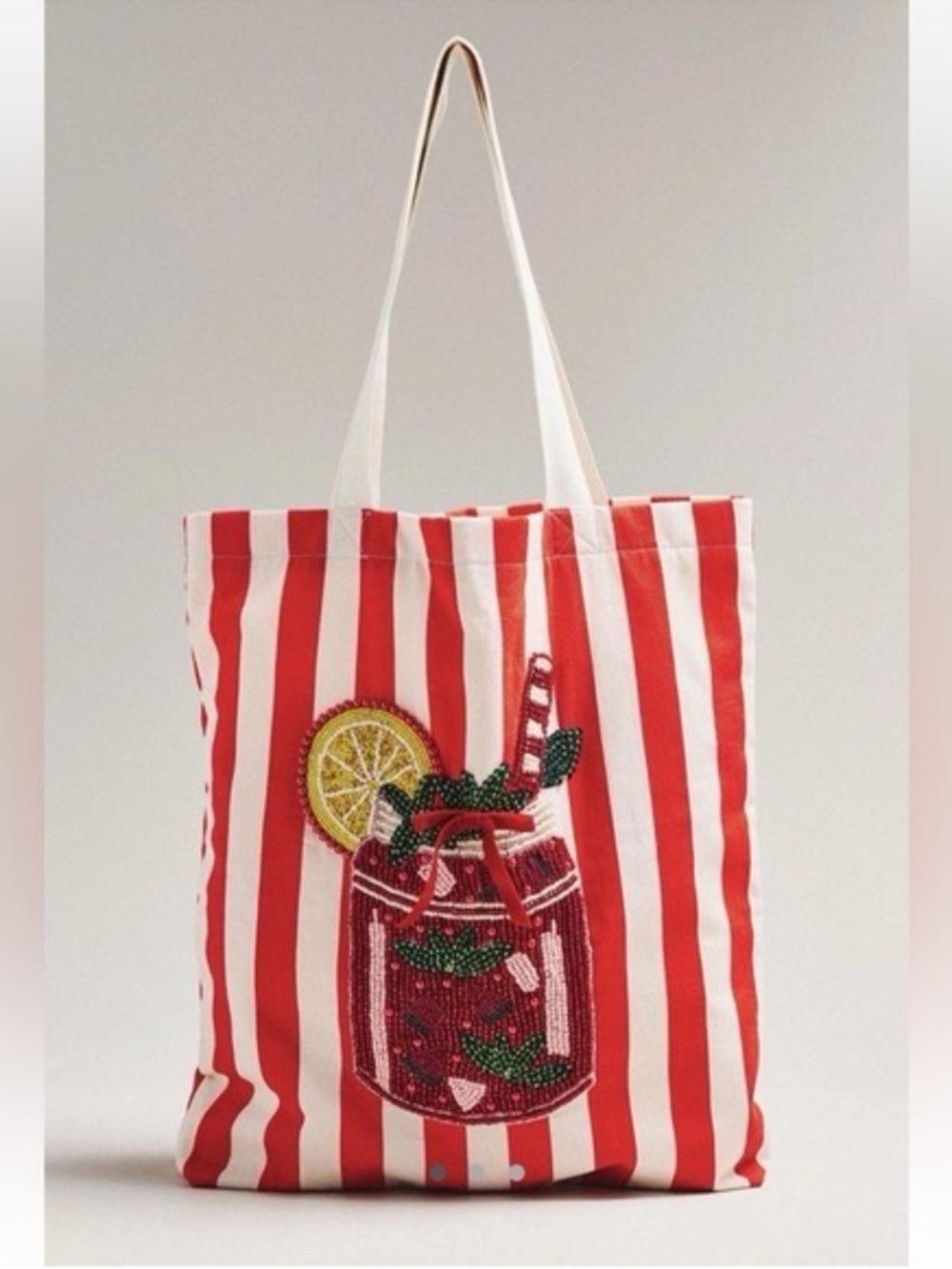 NwT Anthropologie printed beaded canvas bloody mary tote bag red stripes